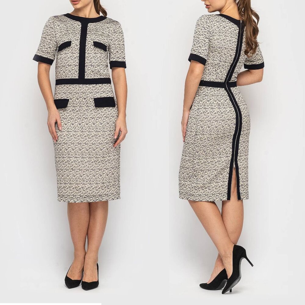 Tavrovska tweed midi shift dress adjustable back zipper black & white classic